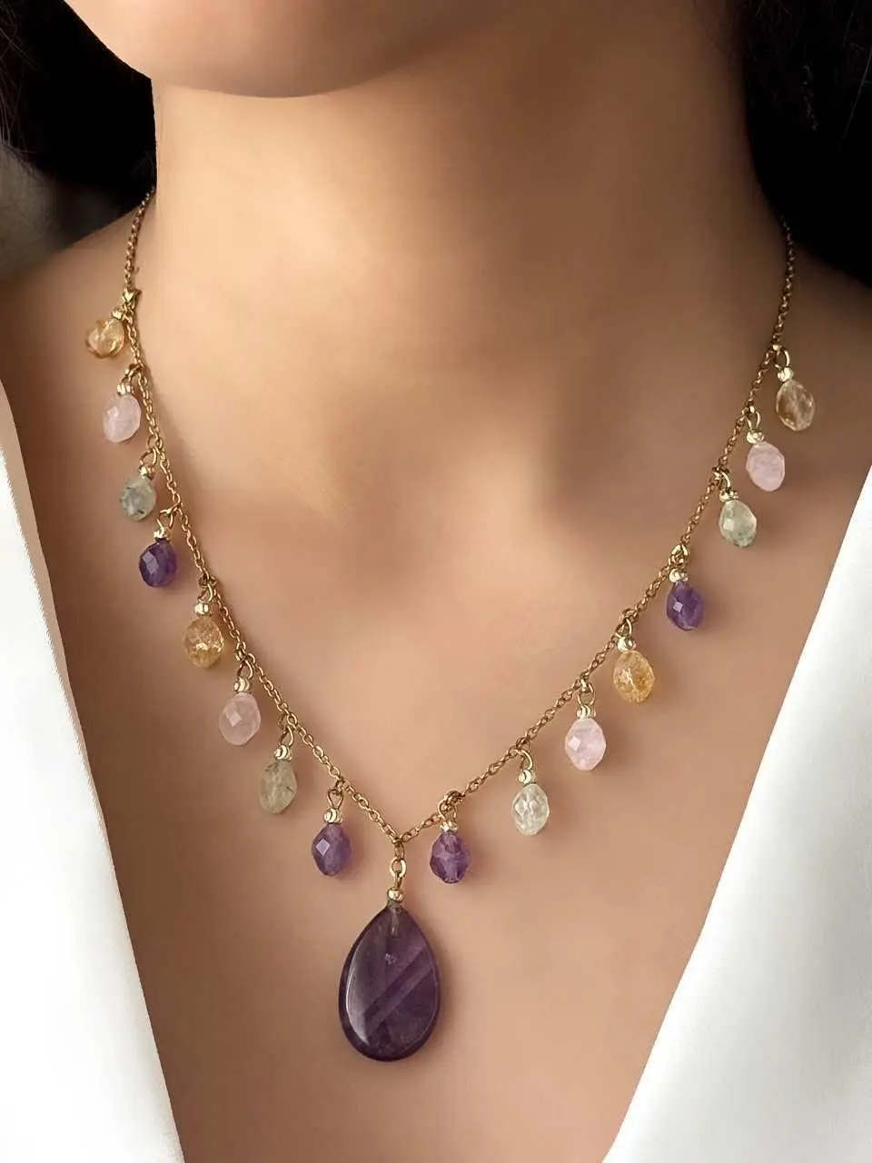 #گردنبند ریزشی استیل با سنگ‌های آماتیس رز کوارتز سیترین
