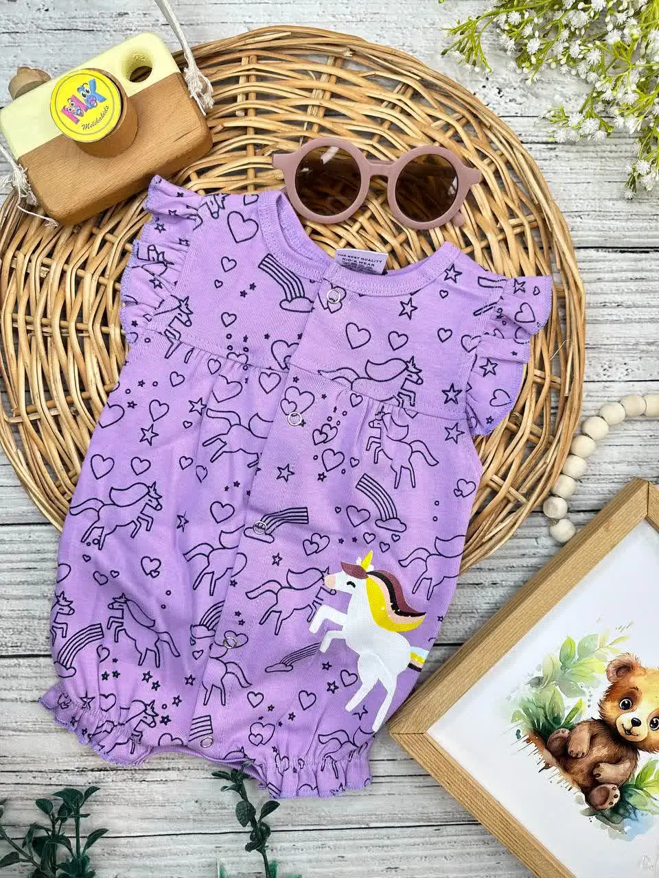 رامپر طرح اسب تک شاخ بنفش نوزادی و کودک کد ۱۸۰۴۵ 
