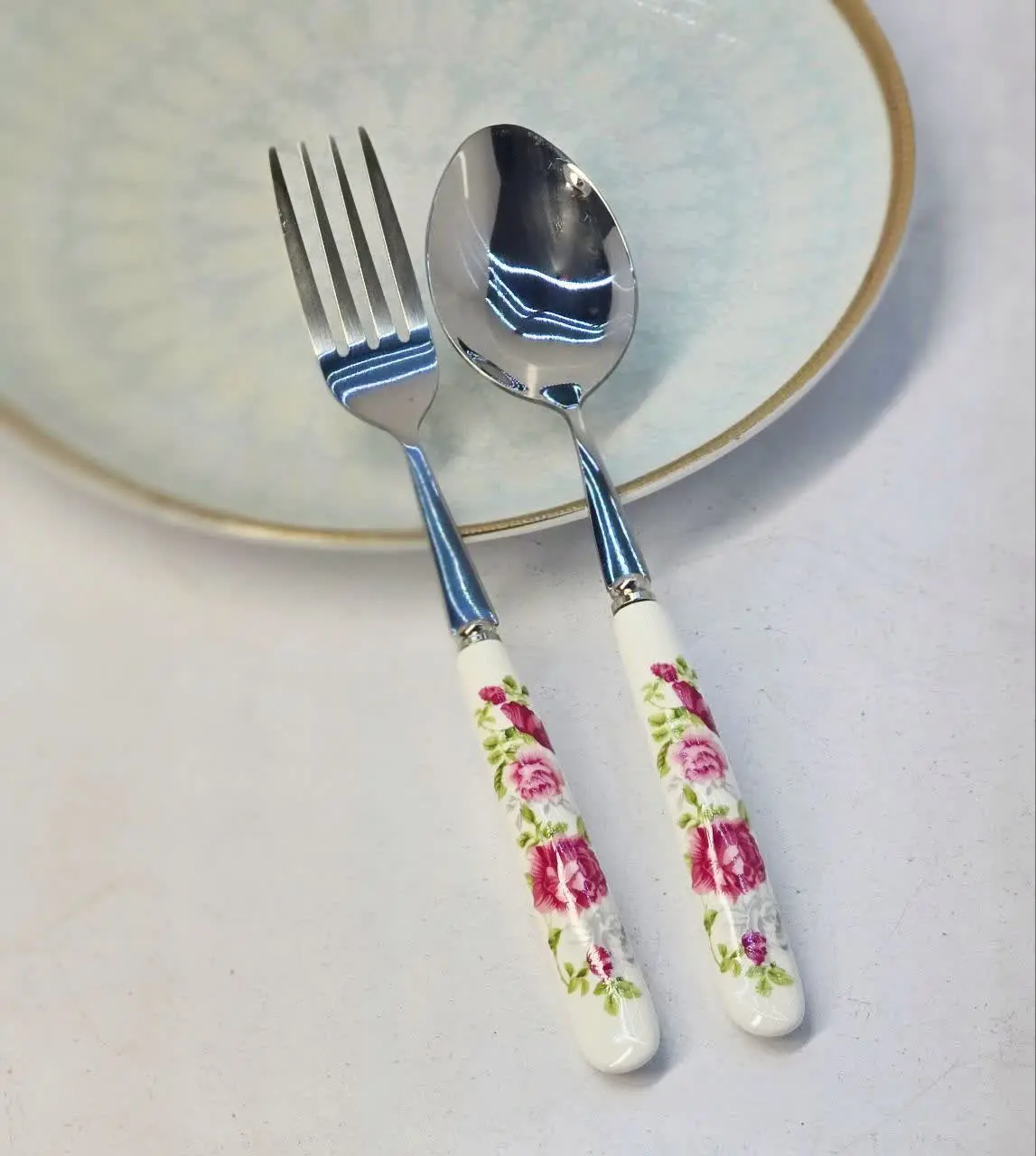 قاشق چنگال استیل سرامیکی گل...