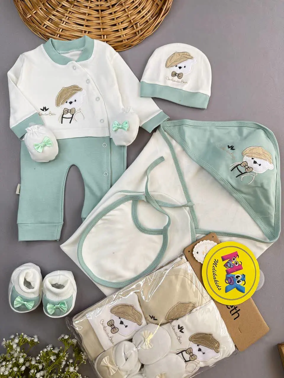 ست هفت تکه بیمارستانی الیزابت طرح خرس پاپیونی نوزادی و کودک کد ۱۱۷۵۲۵ 
