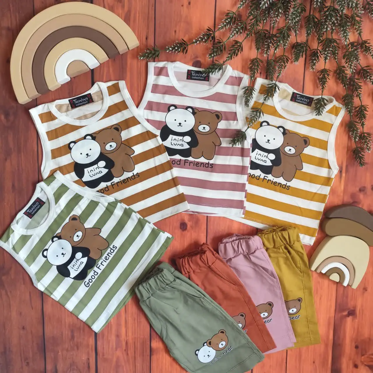 😍ست تاپ وشلوارک راه راه خرس و پاندا، جنس تیشرت پنبه یک رو، جنس شلوارک کتان با کیفیت عاااالی 🤌 
