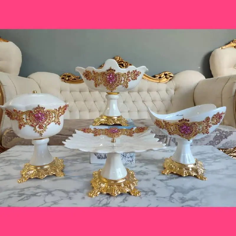 🌹سرویس چهارتیکه پذیرایی نگین رنگی طرح رز صورتی😍😍
