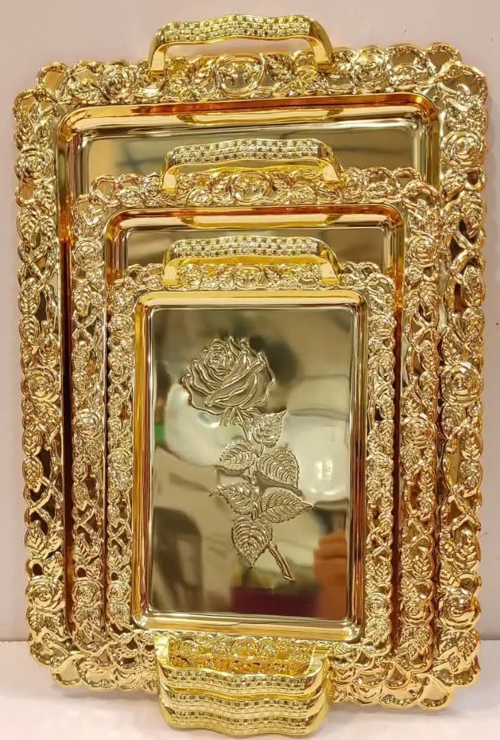 سرویس سه تیکه سینی استیل طرح گل رز 
