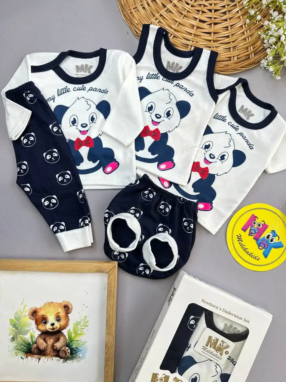 پنج تکه طرح پاندا سورمه‌ای نوزادی و کودک کد ۱۱۷۴۰۵ 
