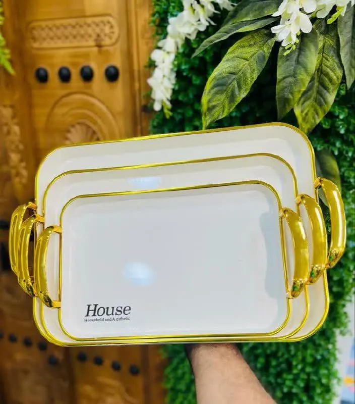 سینی ۳ عددی اکرولیکی مستطیل کمانی جفت دسته لب طلایی (وارداتی) 
