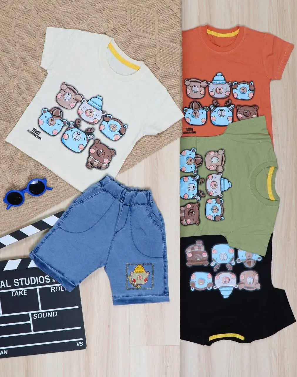 👫تیشرت و شلوارک نیل چاپ خرس کلاهدار 👫
