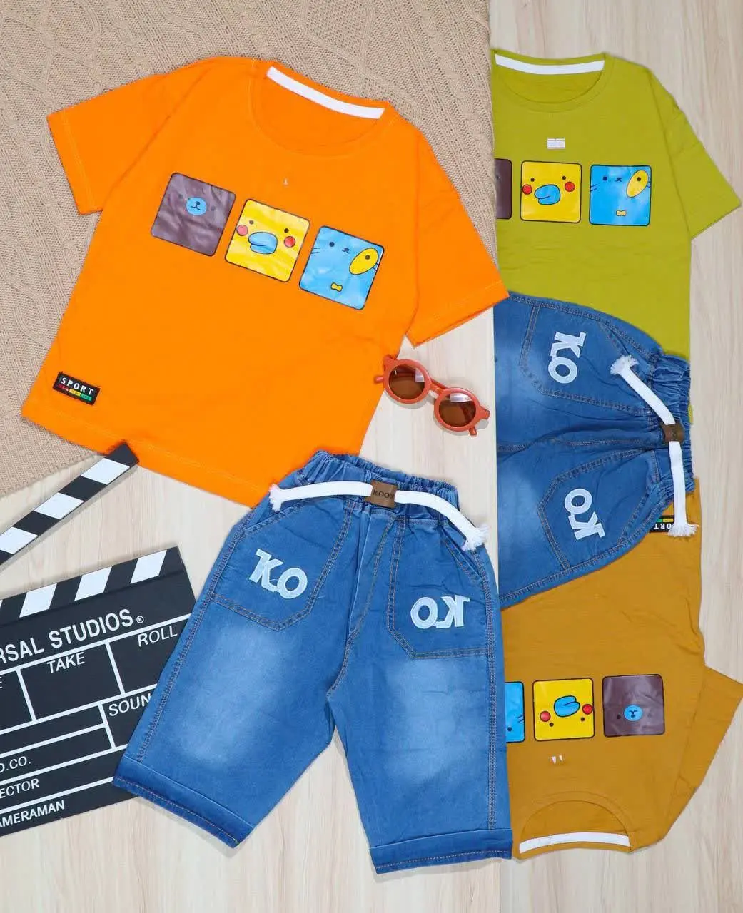 👫تیشرت و شلوارک جین چاپ سه حیوان مربع👫
