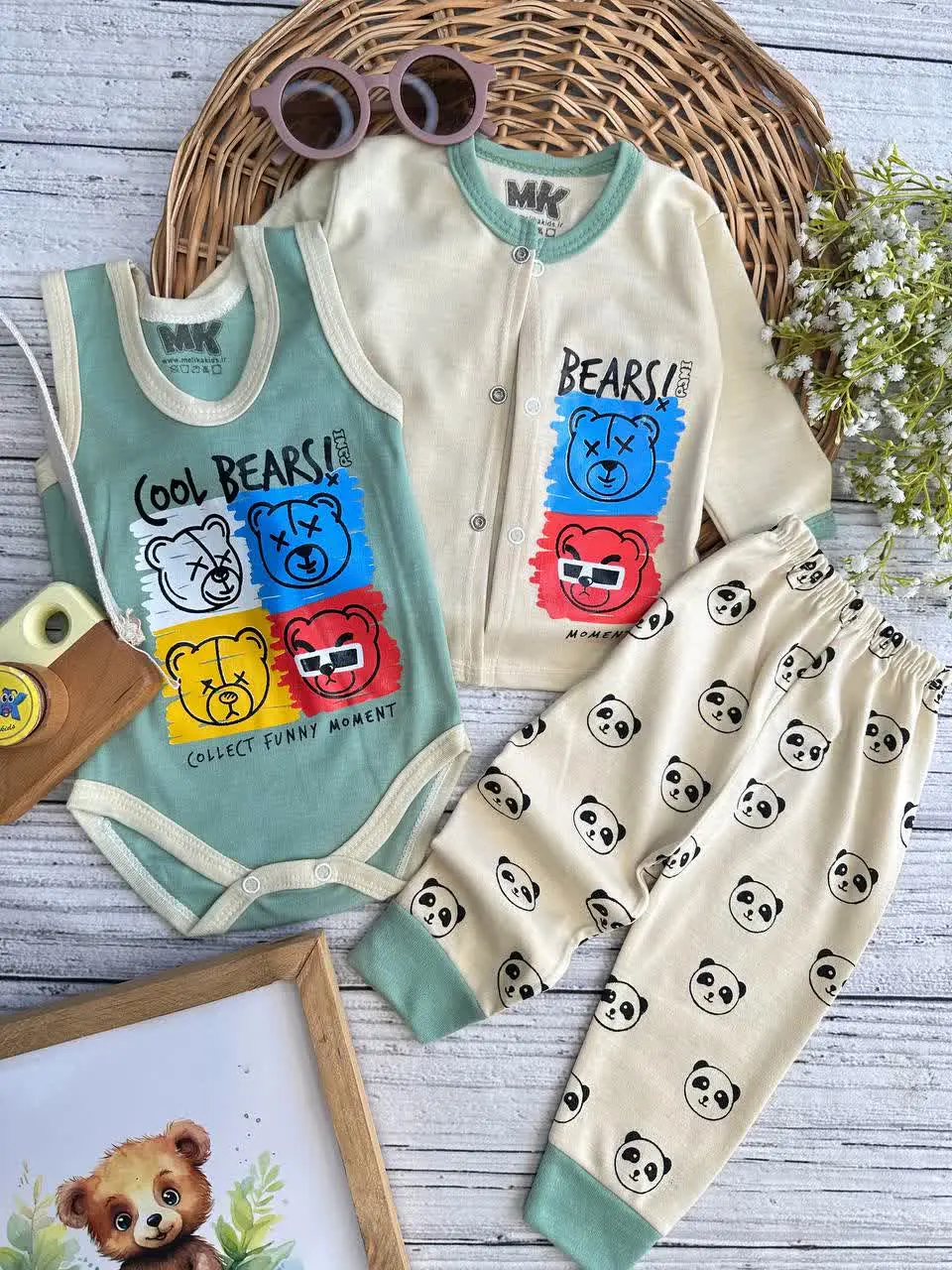 سه تکه خرس اسپرت کرمی سبز سدری نوزادی و کودک کد ۱۱۷۲۷۶ 
