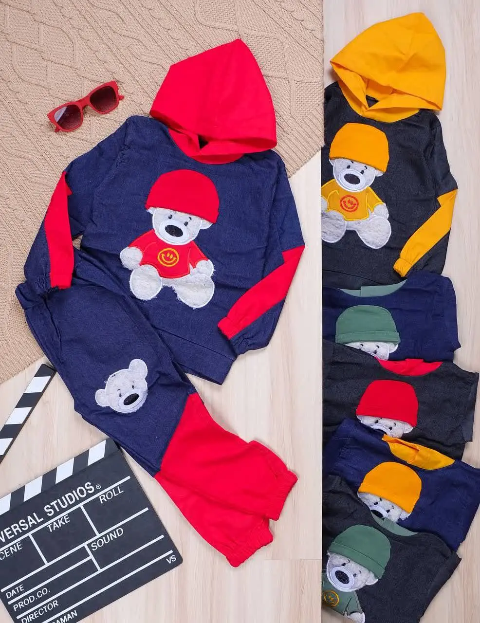 👫هودی و شلوار جین و کتان خرس کلاه برجسته 👫
