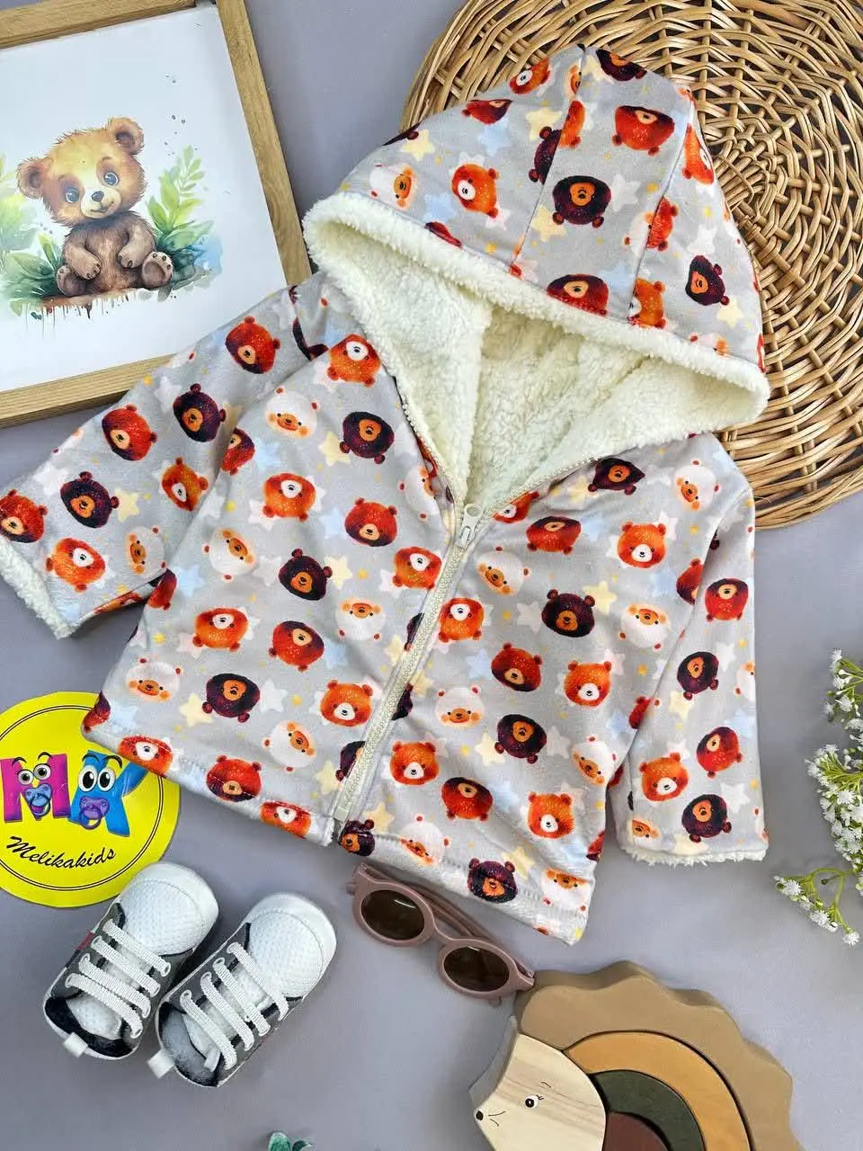 کاپشن زیپ دار طرح خرس تدی نارنجی زمینه طوسی مخمل خزدار نوزادی و کودک کد ۱۱۰۱۰۳۶ 
