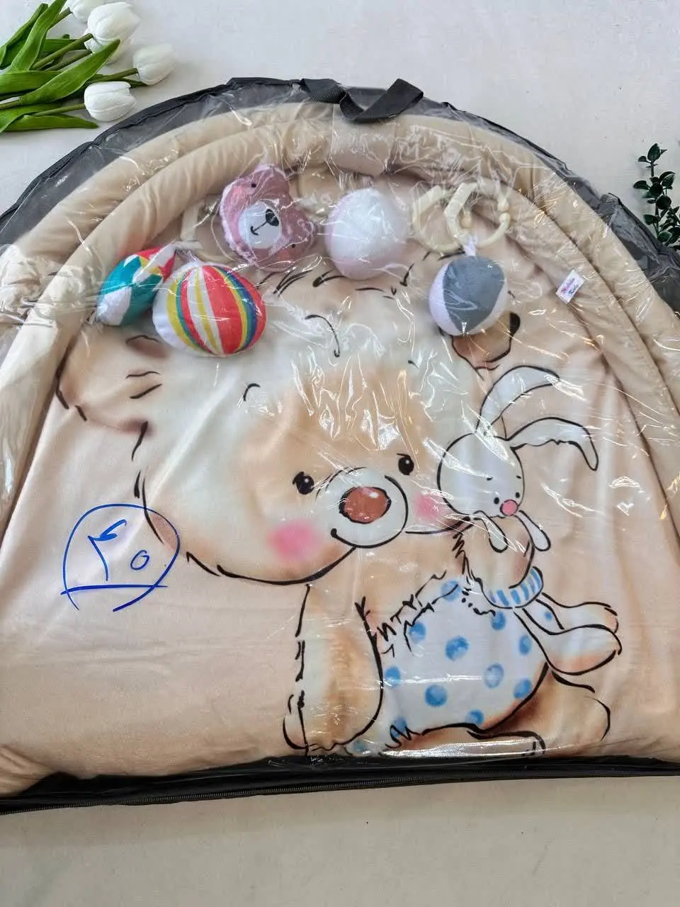 تشک بازی مخمل دایره طرح خرس کرمی نوزادی و کودک کد ۹۱۰۴۰ 
