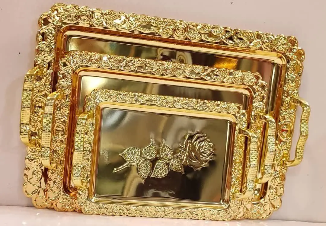 سینی طلایی سه تکه گل رز
