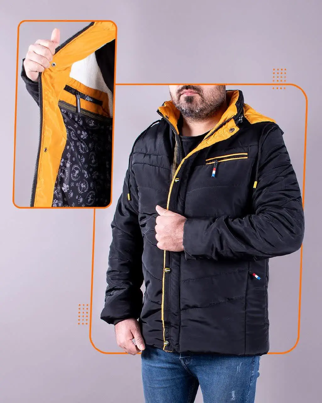 🔸 کاپشن مردانه مشکی زرد مدل ۱۲۹۶
