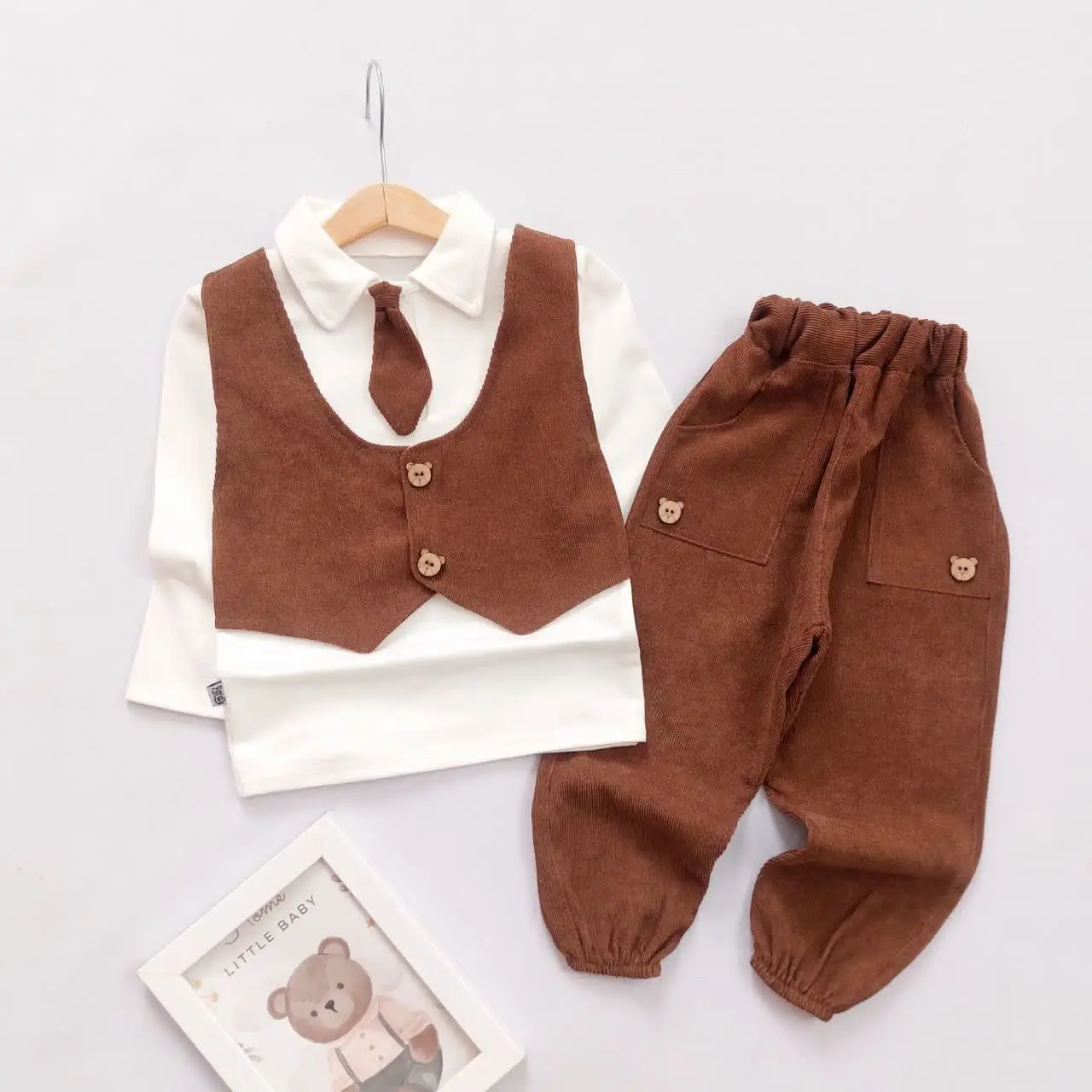 ❤️ست بلوز شلوار پسرانه قهوه‌ای کروات❤️
