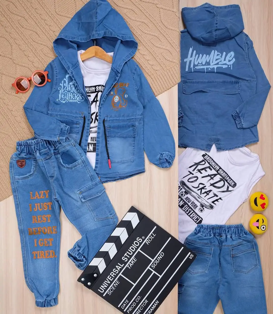 👫سه تیکه جین آبی هودی و شلوار خرس👫
