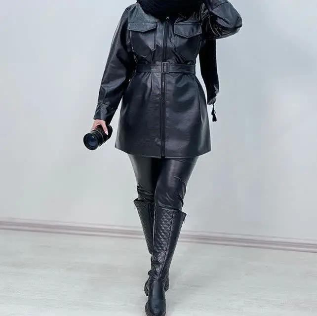 👚نام: مانتو چرم جلو زیپ همراه کمربند ❤️
