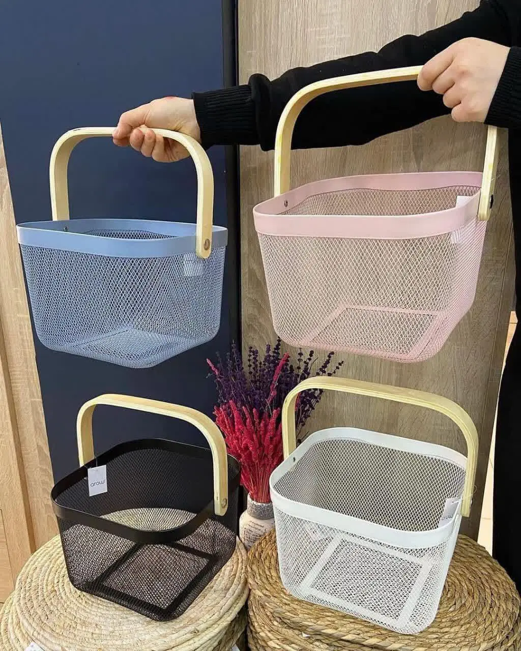 سه نوع سبد فلزی طرح ایکیا دسته بامبو 
