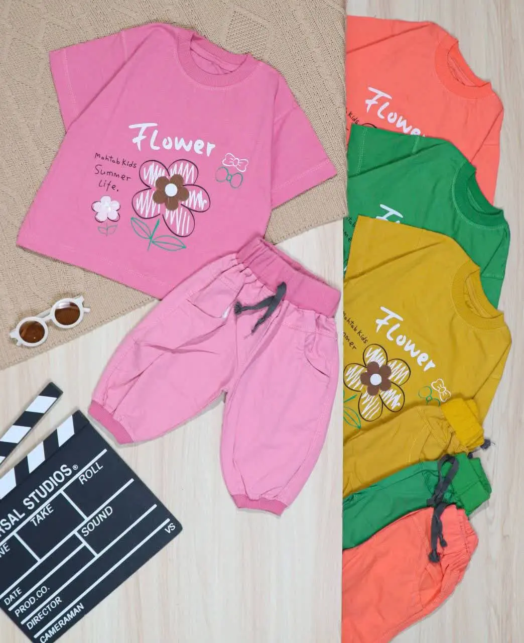 👫تیشرت پنبه و شلوارک کتان دخترانه ۲ گل مهتاب👫
