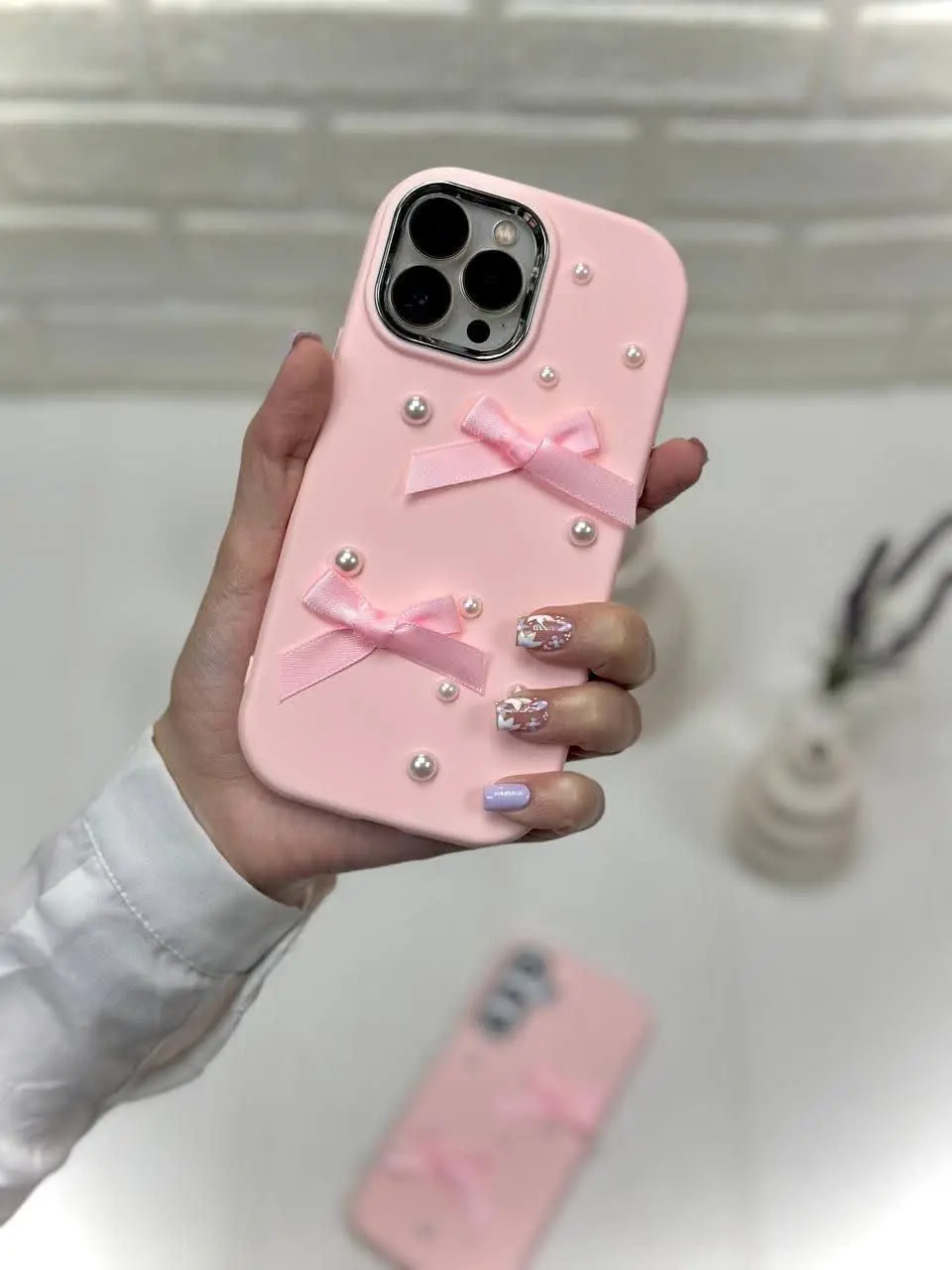 📱مدل قاب: قاب صورتی پاپیون مرواریدی فوق العاده زیبا مخصوص انواع #سامسونگ #شیائومی و #آیفون 
