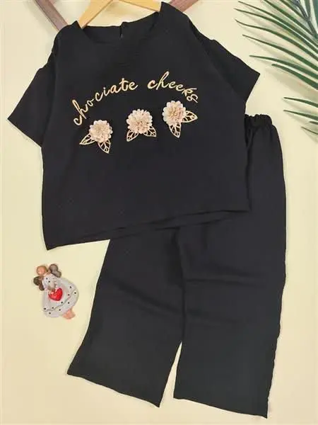 کراپ شلوار سه گل مشکی کرم 
