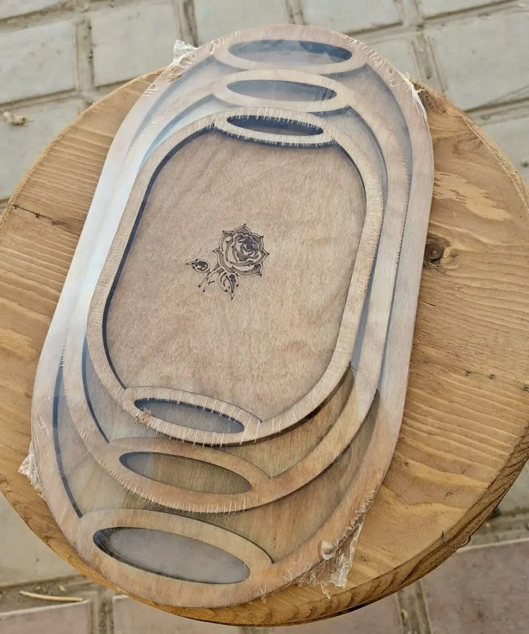 💥 سینی سه تایی چوبی طرح رز💥