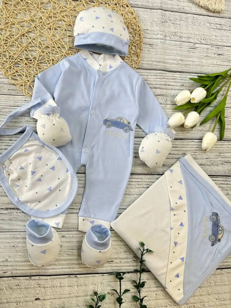 هفت تکه بیمارستانی طرح ماشین آبی نوزادی و کودک کد ۱۱۷۵۱۰ 
