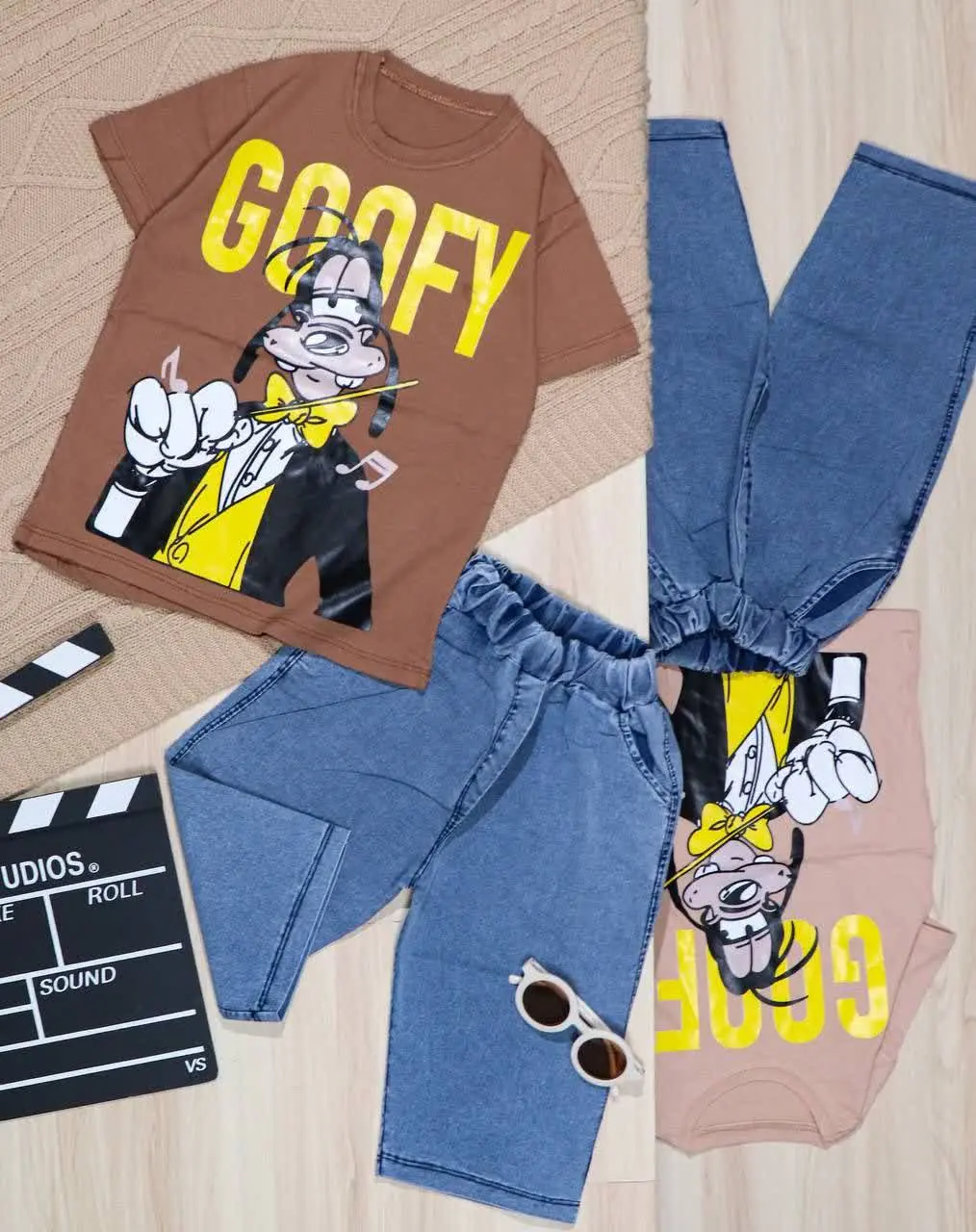 👫تیشرت و شلوارک جین آبی/زغالی چاپ گوفی👫
