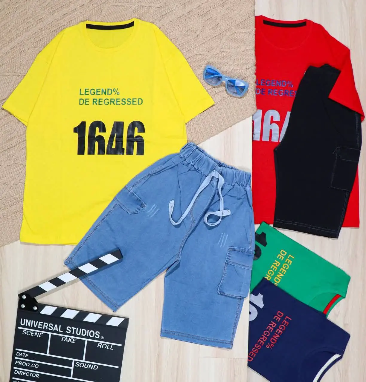 👫تیشرت و شلوارک جین آبی/زغالی چاپ ۱۶۴۶👫
