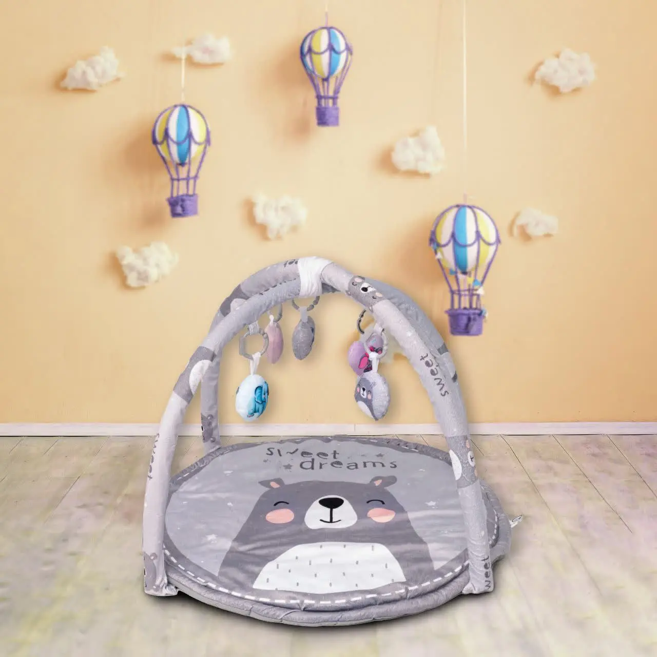 تشک بازی مخمل دایره طرح خرس قطبی طوسی نوزادی و کودک کد ۹۱۰۵۳ 
