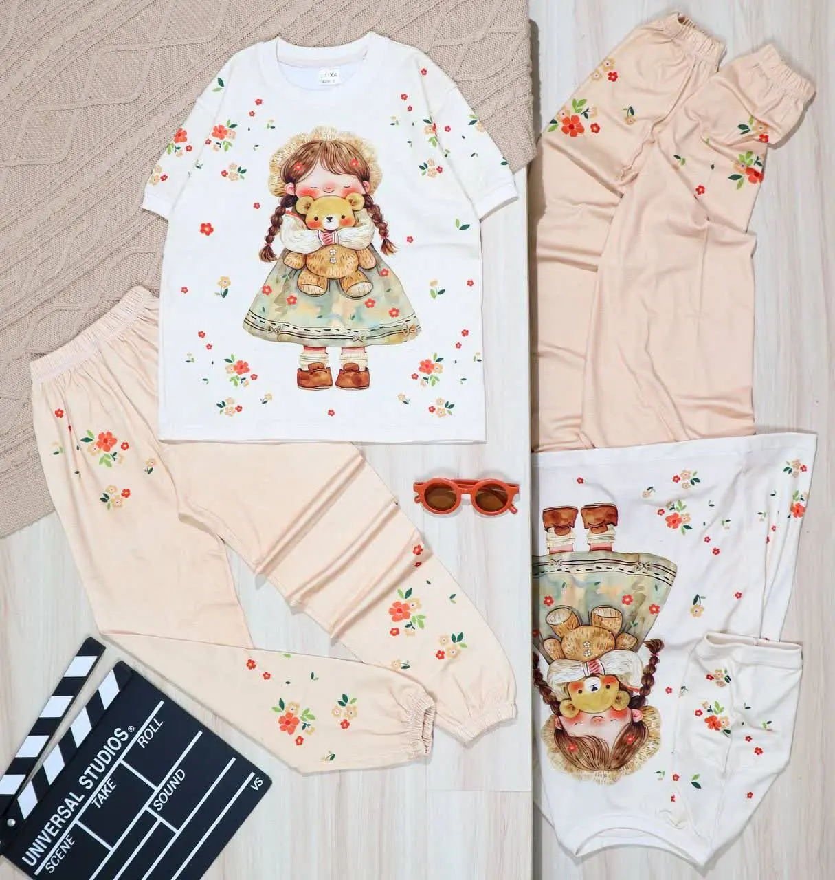 👫تیشرت و شلوار دخترانه چاپ دختر و خرس👫
