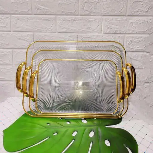 سینی ۳ عددی اکرولیکی مستطیل جفت دسته لب طلایی (وارداتی) 
