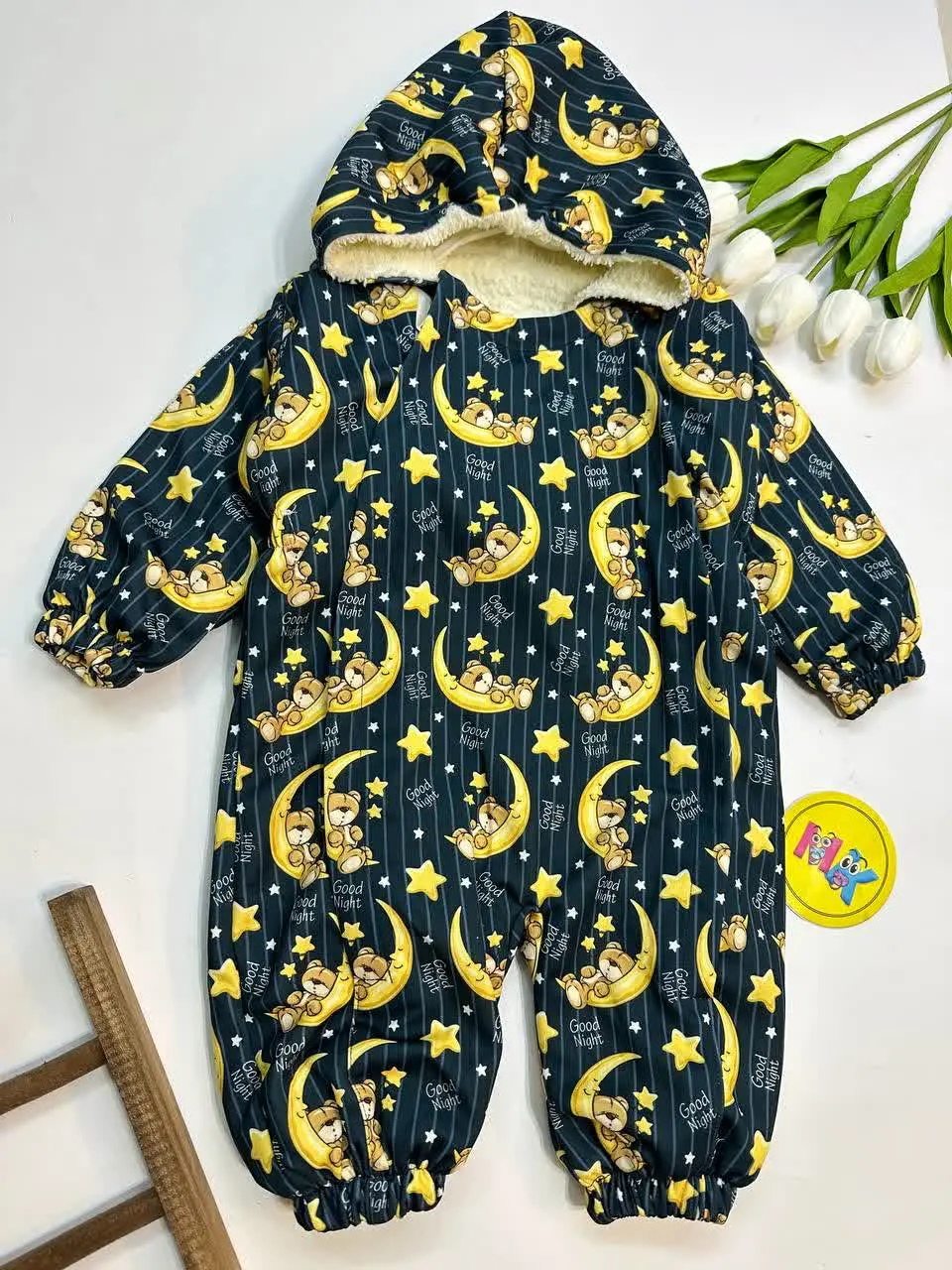 کاپشن سرهمی قواره دار خرس و ماه و ستاره سورمه‌ای نوزادی و کودک کد ۱۱۰۱۰۰۳ 
