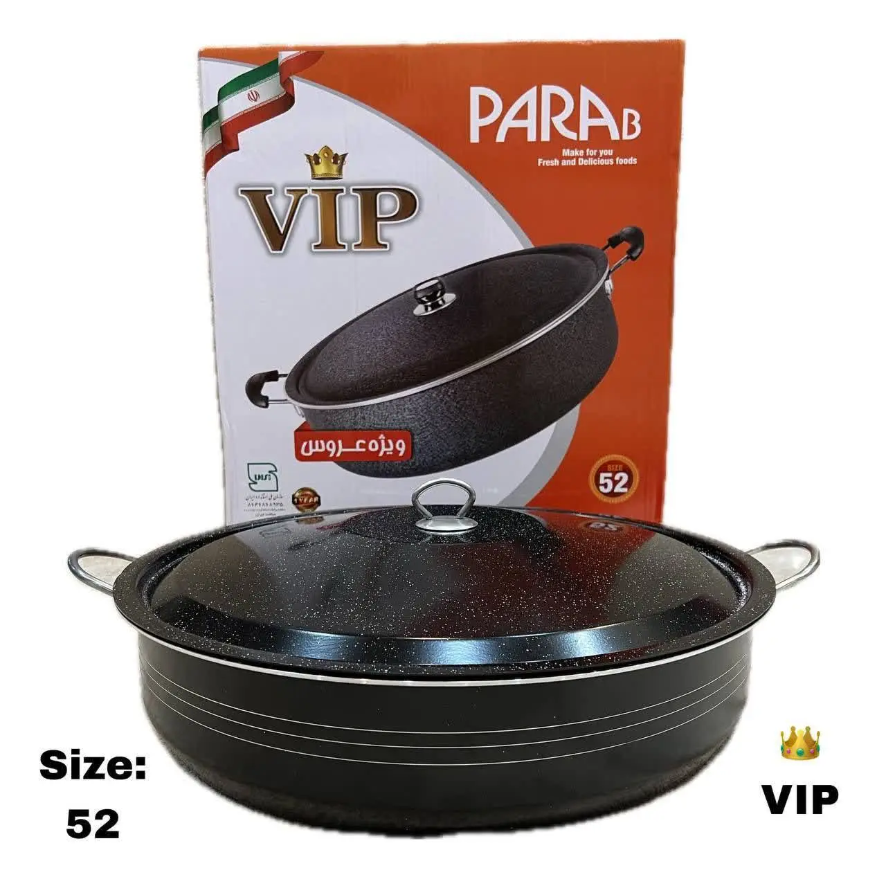 ✅قابلمه و ماهی تابه سایز بزرگ VIP از سایز ۳۴تا۶۲ لب ساده، رنگ مشکی براق داخل گرانیتی 
