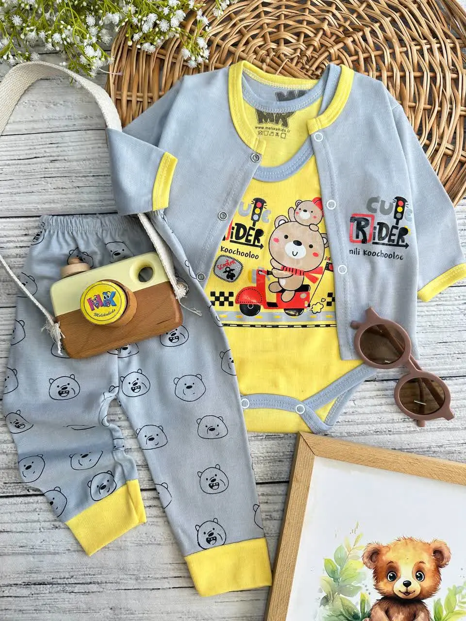 سه تکه خرس ماشین سوار طوسی زرد نوزادی و کودک کد ۱۱۷۲۶۸ 
