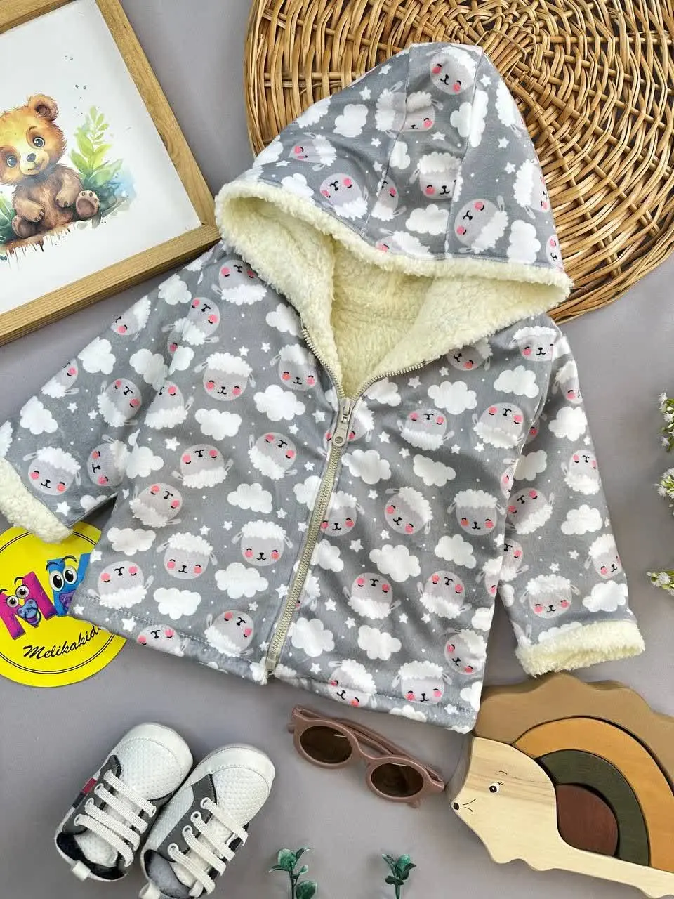 کاپشن زیپ دار طرح ببعی طوسی مخمل خزدار نوزادی و کودک کد ۱۱۰۱۰۳۹ 
