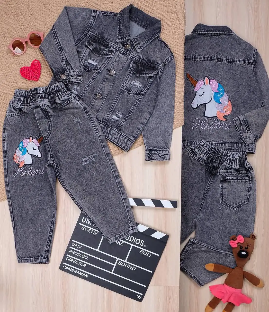 👫کت و شلوار جین زغالی گلدوز...