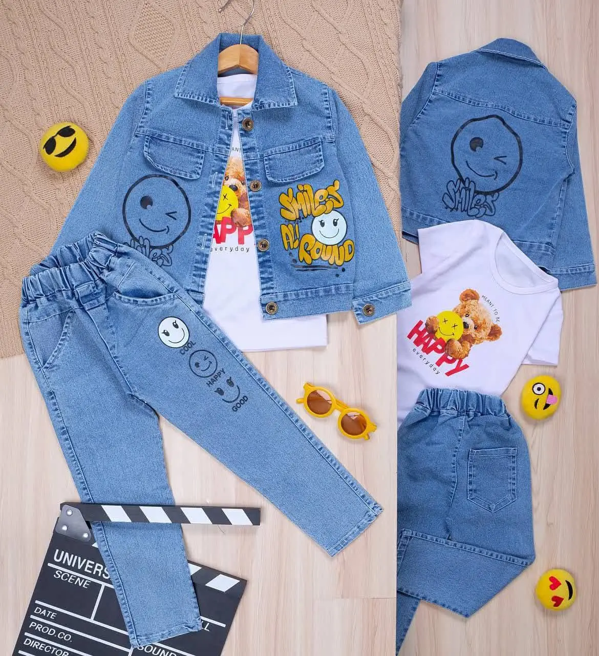 👫سه تیکه جین آبی چاپ SMILE...