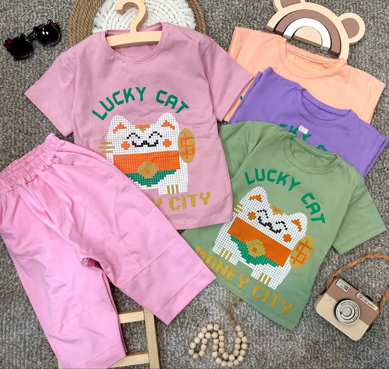 👫تیشرت شلوارک کتان دخترانه چاپ پفکی گربه✅
