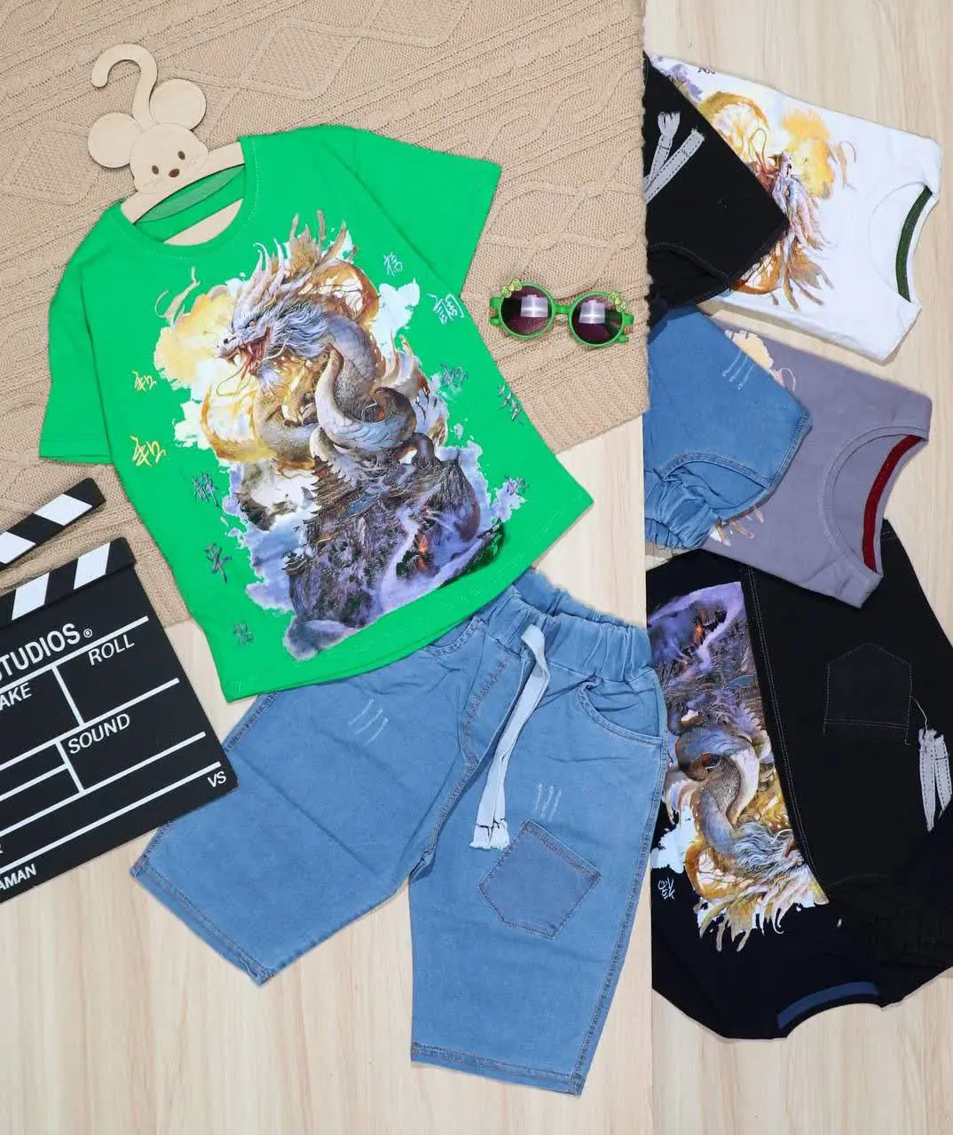 👫تیشرت و شلوارک جین آبی/زغالی اژدها👫
