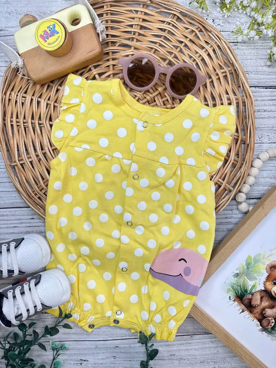 رامپر طرح دایناسور خالدار زرد نوزادی و کودک کد ۱۸۰۳۹ 
