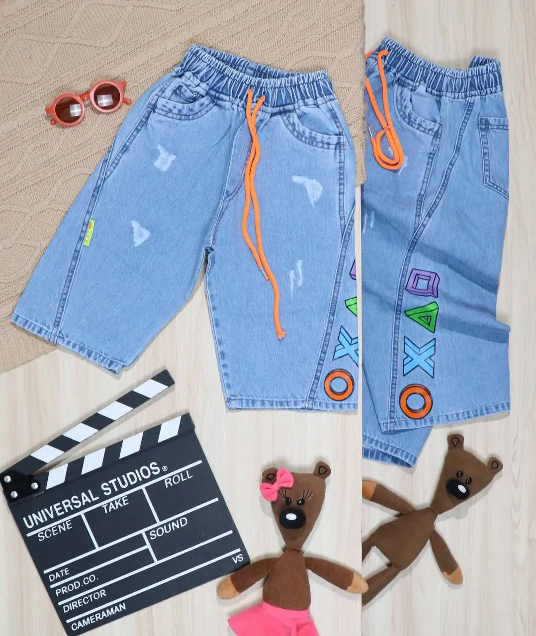 👫شلوارک جین آبی چاپ ضربدر/دایره👫
