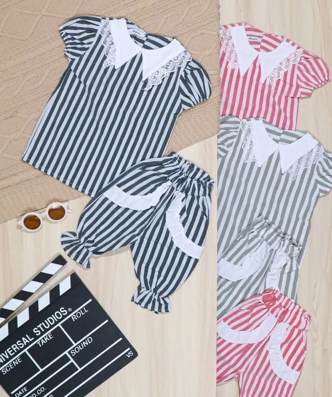 👫تیشرت و شلوارک یقه سفید راه راه👫
