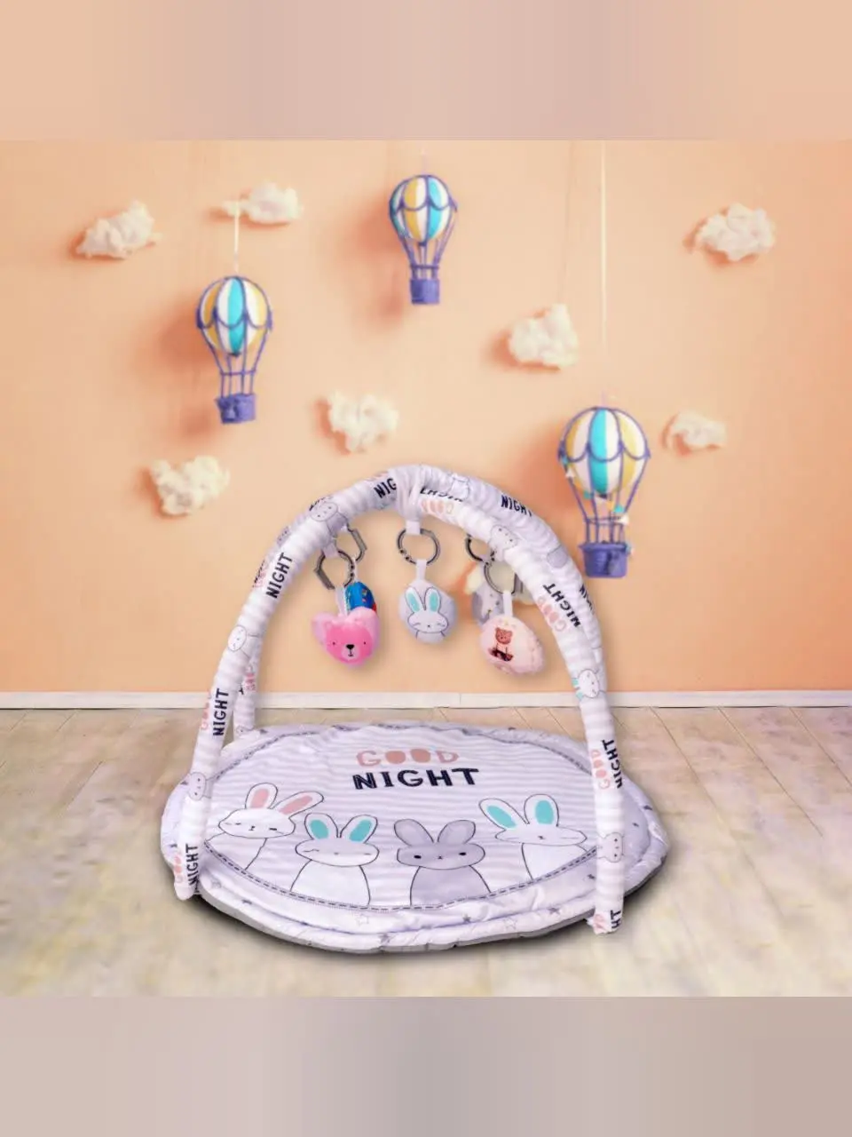 تشک بازی مخمل دایره طرح خرگوش‌ها طوسی نوزادی و کودک کد ۹۱۰۵۱ 
