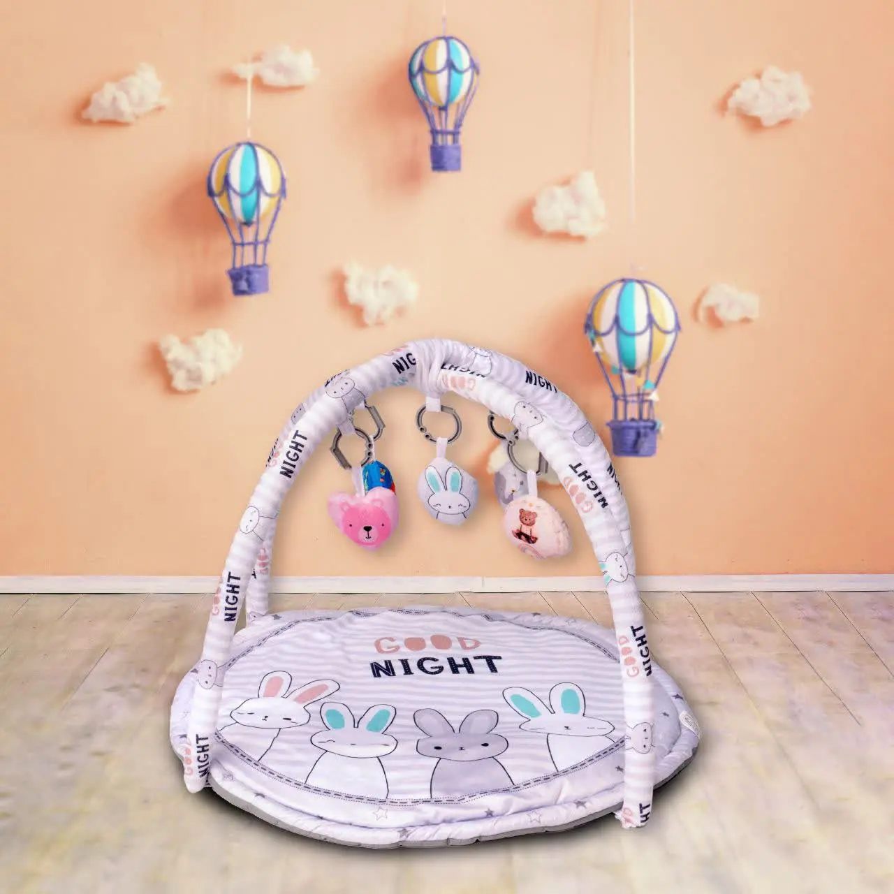 تشک بازی مخمل دایره طرح خرگوش‌ها طوسی نوزادی و کودک کد ۹۱۰۵۱ 
