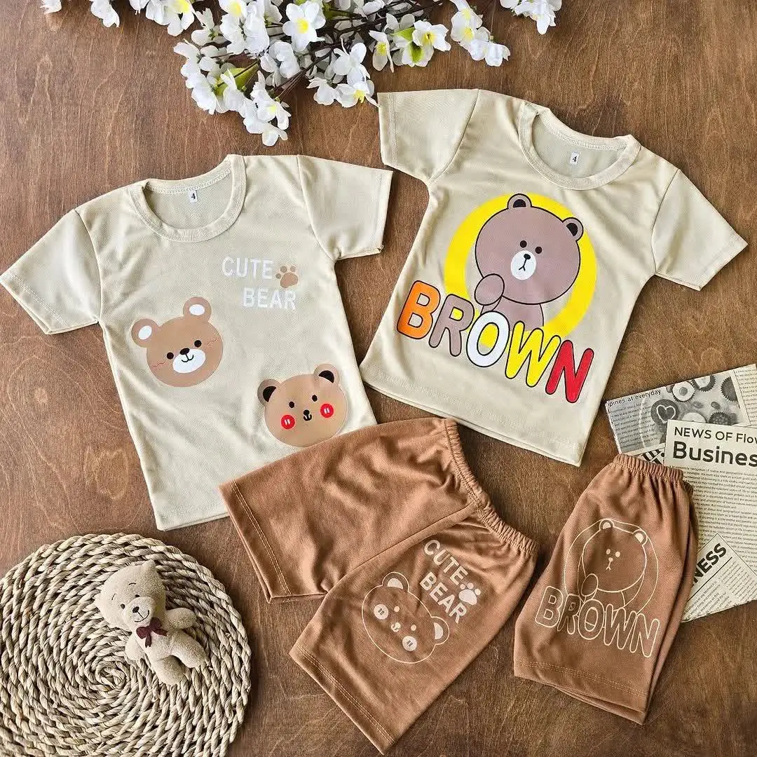 تیشرت شلوارک خرس کرم قهوه‌ای 
