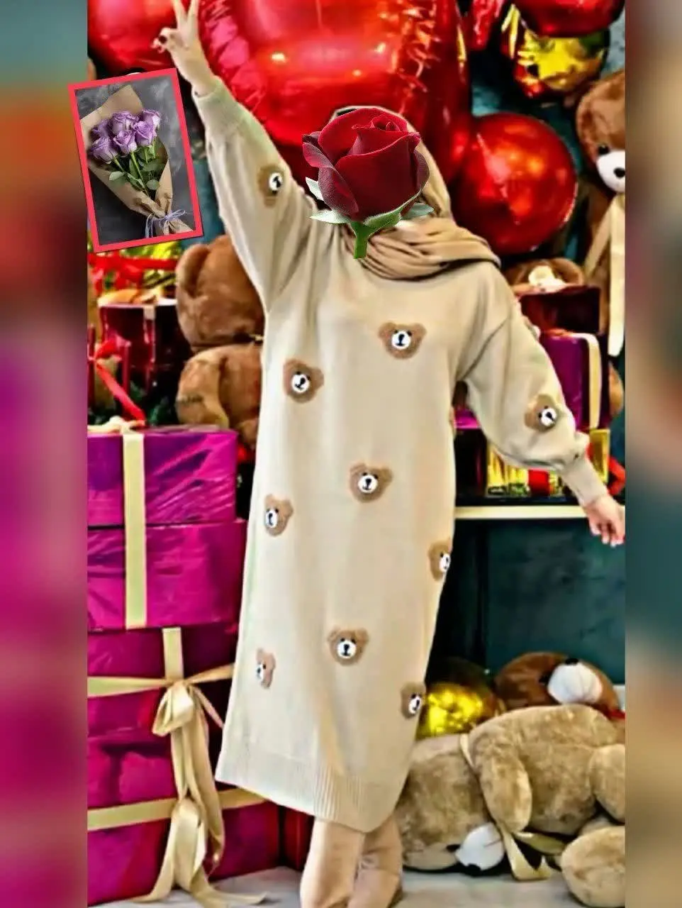 کفتان بافت زنانه آستین مچ پفکی تمام خرس برجسته ترند این روزا
