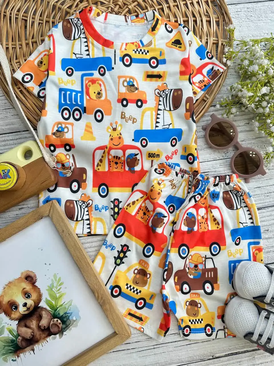 تیشرت شلوارک حیوانات ماشین سوار نوزادی و کودک کد ۱۱۰۹۷ 
