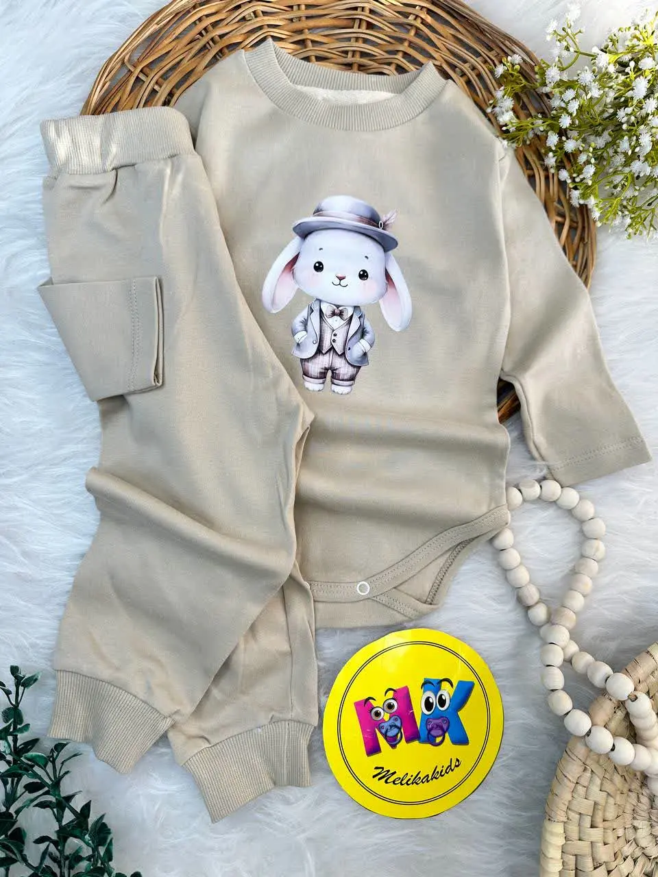 بادی شلوار طرح خرگوش کرمی نوزادی و کودک کد ۱۱۸۰۷۱ 
