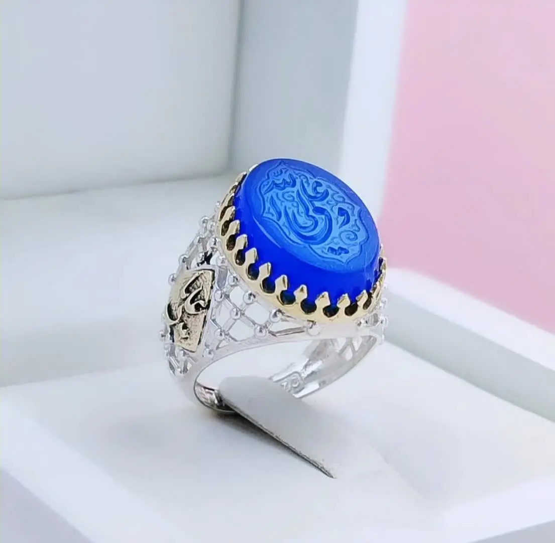 💎انگشتر عقیق آبی خطی مردانه

