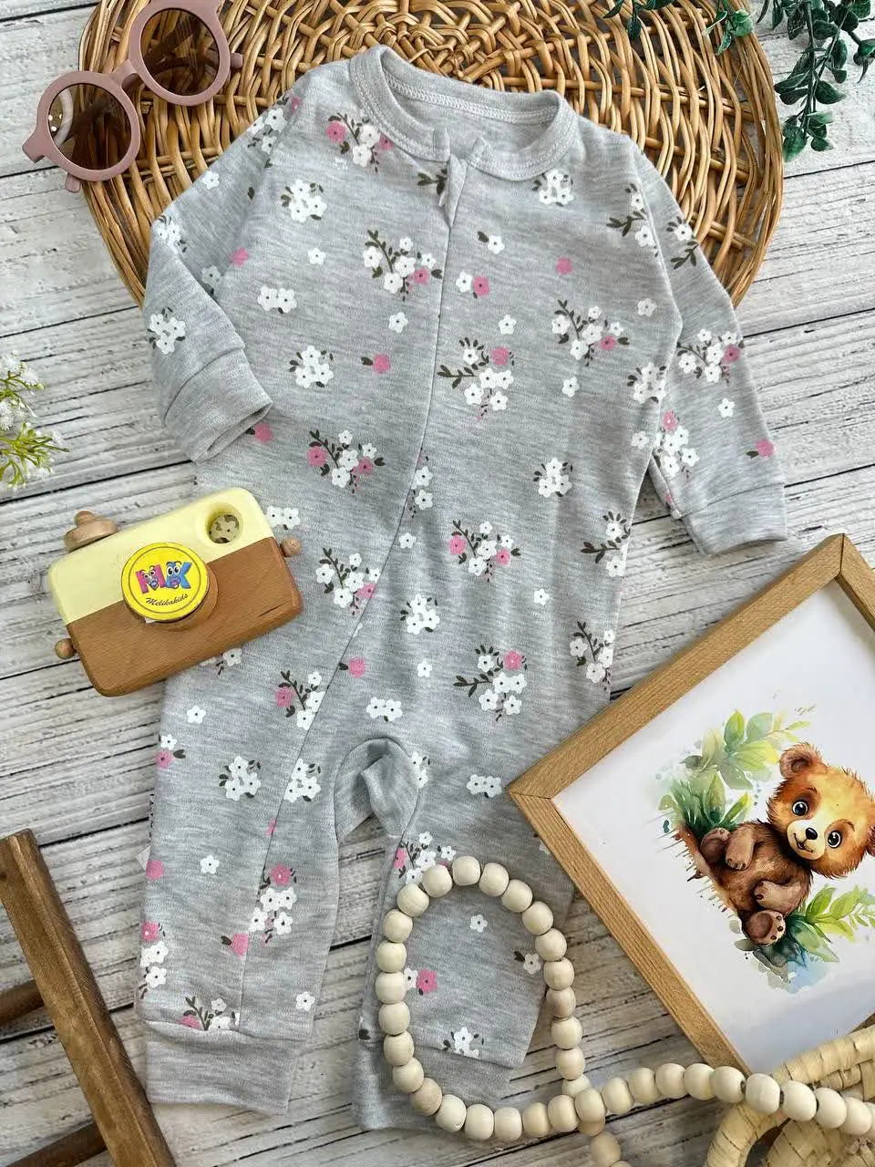 سرهمی طرح شکوفه طوسی نوزادی و کودک کد ۱۱۲۱۰۹ 
